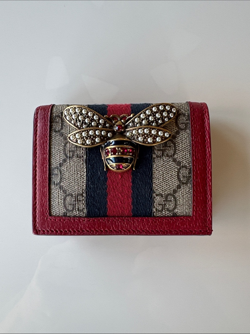 Gucci Red Trim Monogram Wallet with Pearl Bee Accent